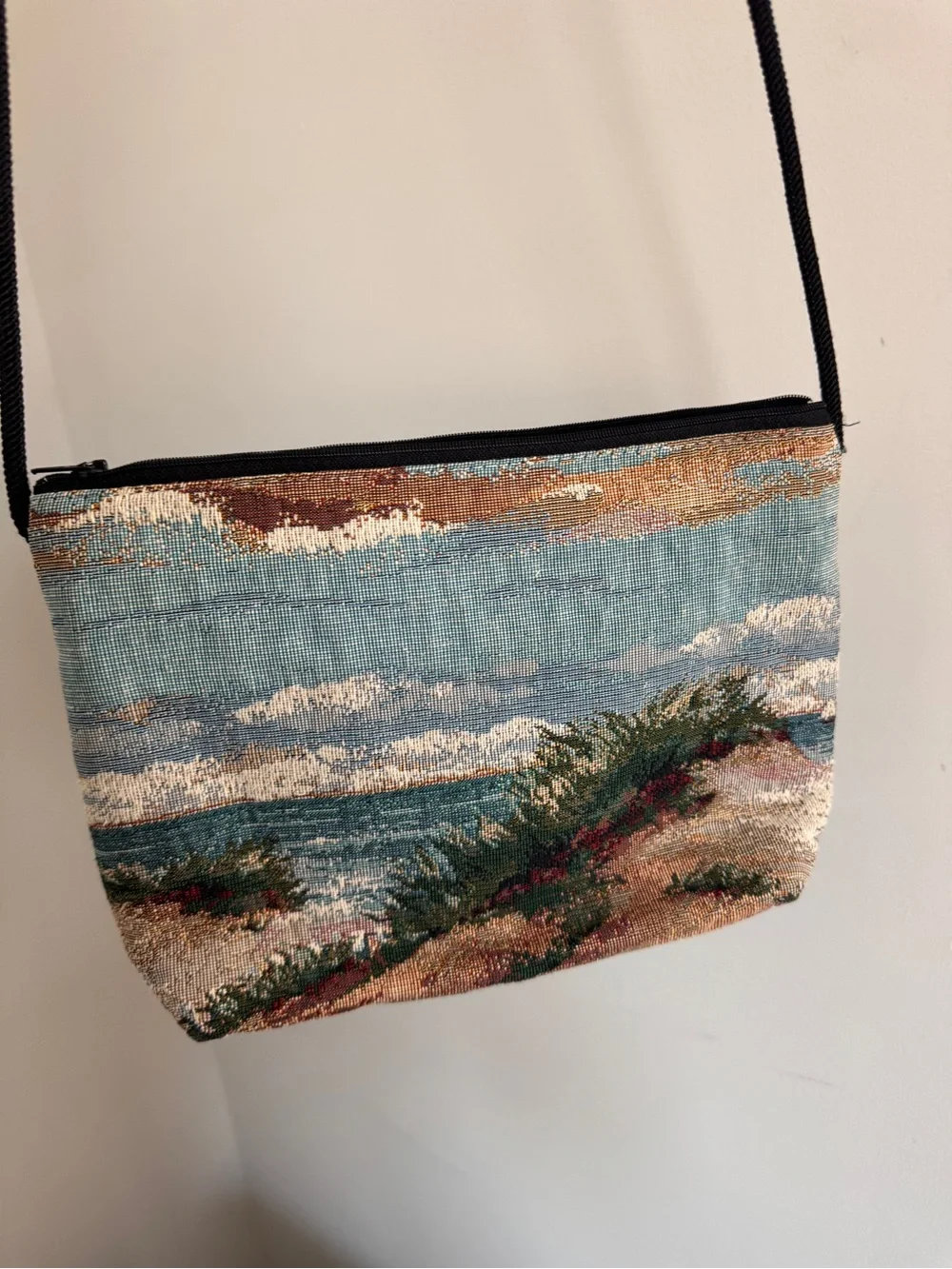 Vintage Tapestry Coastal Scene Crossbody Bag